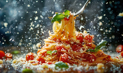 A macro shot of a plate of spaghetti with tomato sauce, sprinkled with cheese and herbs. Generate Ai