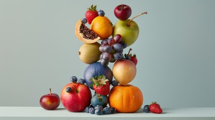 playful arrangement of fruits, stacked and balanced in a precarious pyramid. The fruits are a variety of shapes and sizes, and their colors are complementary and eye-catching. 