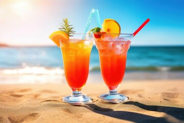 summer bright cocktails in glasses with a straw on the sand on the beach.