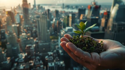 Urban Botany: "Celebrate the intersection of urban living and botanical beauty with a stunning stock photo. Photograph a hand cradling a small plant against the backdrop of a dynamic city skyline. 