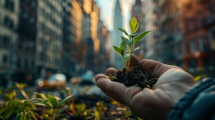 Urban Oasis: "Capture the juxtaposition of nature and urbanity in a stunning stock photo. Picture a hand gently cradling a small plant against the backdrop of a vibrant city skyline.