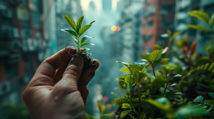 Picture a hand gently cradling a small plant against the backdrop of a vibrant city skyline. The image should convey a sense of tranquility amidst the hustle and bustle of urban life. 