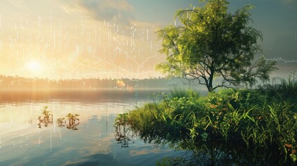  global stock market chart harmonizing with a tranquil landscape, suggesting a balance between financial endeavors and natural beauty. 