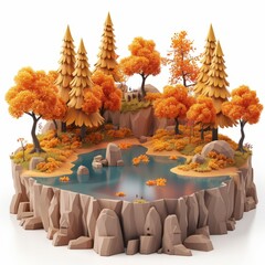 3D autumn forest lake model. Generative AI technology.	

