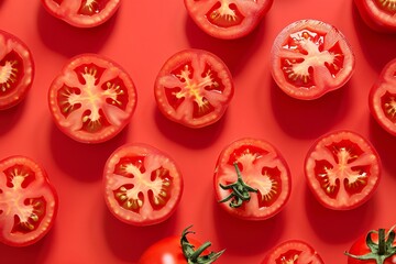 a group of sliced tomatoes on a red surface