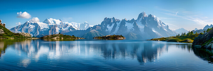 Colorful summer panorama of the Lac Blanc lake with Mont Blanc (Monte Bianco) on background - obrazy, fototapety, plakaty