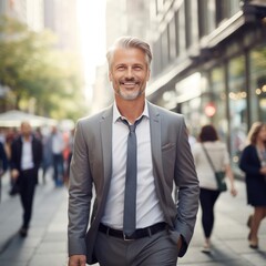 Fototapeta premium A happy middle-aged businessman CEO in a sharp suit confidently