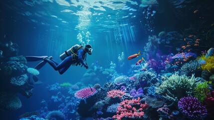 serene underwater scene where a human diver and a robotic assistant work together to explore a coral reef, showcasing the harmonious interaction between humans and technology 
