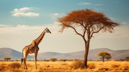 Fototapeta premium A lone giraffe gracefully reaching for the leaves of a high acacia tree,