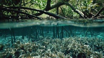 Close-up of the water around mangrove roots showing clear water filtered by the mangrove system compared to murky water outside the forest.