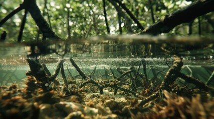 Close-up of the water around mangrove roots showing clear water filtered by the mangrove system compared to murky water outside the forest.