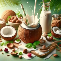 Coconut milk smoothie, fresh milk, can be garnished with coconut shells, coconut trees, fresh milk, coconut water.