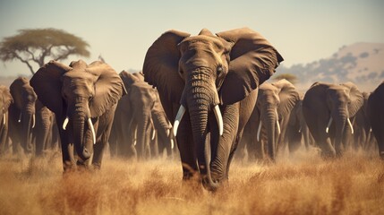 elephant herd grazing peacefully on the African savanna, 