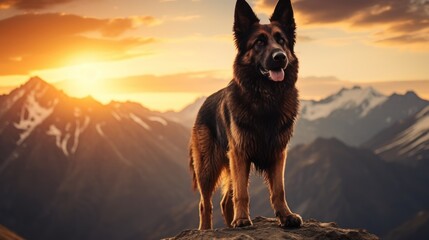 dog standing proudly on a mountaintop, its silhouette framed against a breathtaking sunset, 