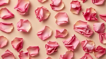 Pale blush rose petals scattered on a beige background