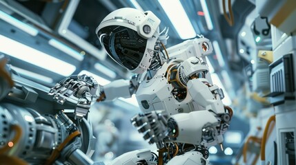 Fototapeta premium visually striking image of a robot astronaut performing a complex repair task on a space station, emphasizing the precision and dexterity of the robot's movements in a zero-gravity environment. 