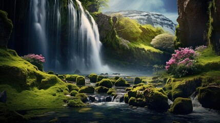 waterfall cascading down a moss-covered cliffside, surrounded by lush greenery ,spring flowers.