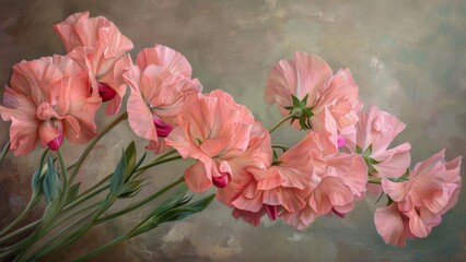 Muted pink sweet peas in a bold oil style