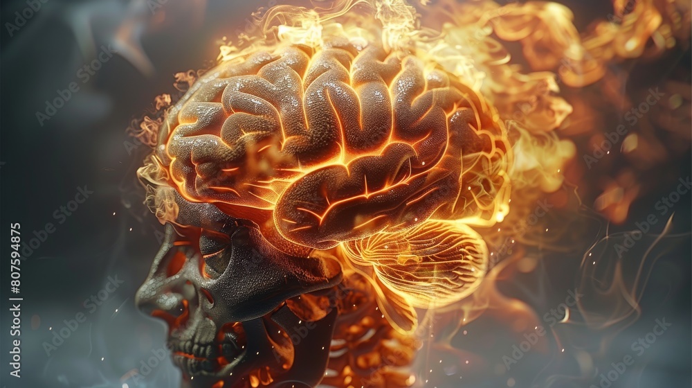 Aufkleber very realistic brain on fire. generative ai.