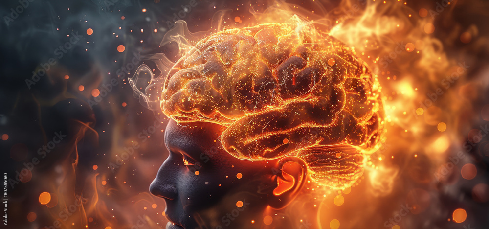 Aufkleber very realistic brain on fire. generative ai.