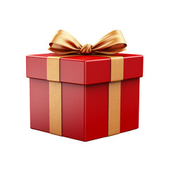 A red gift box with gold ribbon isolated on transparent background.