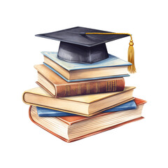 A black graduation cap rests on a stack of closed books.