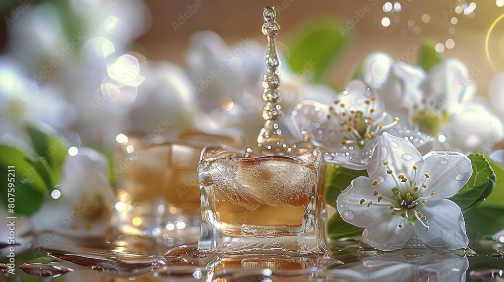 Poster the syrup drips on the big ice cubes, and there are slight splashes of water droplets. the ice cubes