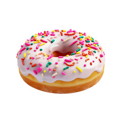 A delicious donut with white frosting and colorful sprinkles.