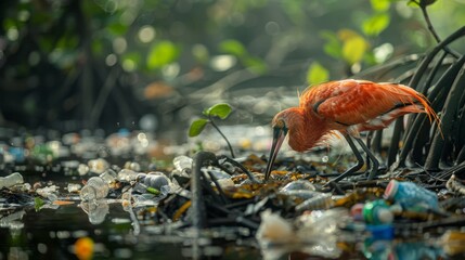 Obraz premium Wildlife at Risk, like a bird or crab, interacts with plastic waste, illustrating the direct threat to mangrove inhabitants.