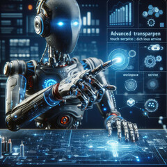 the robot is pointing at a transparent touch screen with Generative AI Techonology