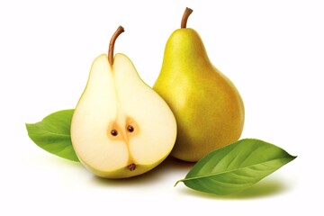 a pear cut in half with leaves