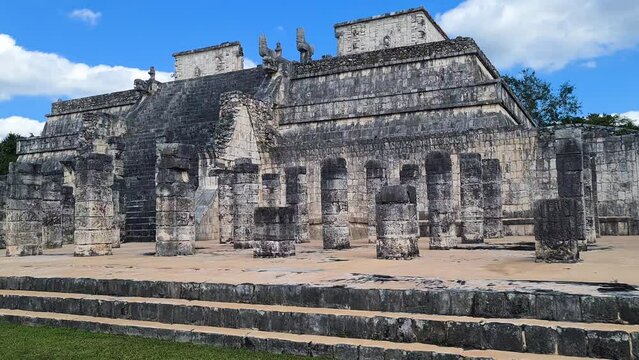 Warrior's Temple in Chichen Itza Mayan Complex. Mexico. Ancient Columns Panorama