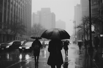 Silhouettes in the Rain: Monochrome Urban Scene