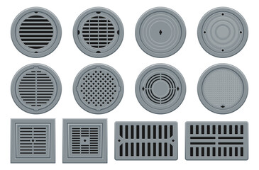 Manhole metallic circle squared and rectangle city hole drain cover set isometric vector