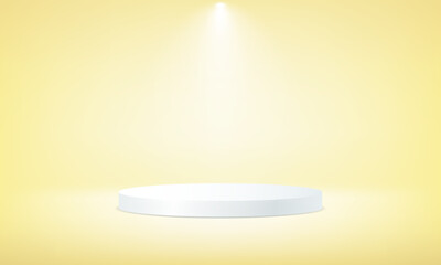 White podium in the yellow room. Space for text. Minimal wall scene. Pastel color abstract room design. Space for selling products on the website. Vector illustration.