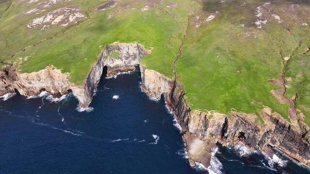 Aerial View of Yesnaby Vista Point, Scenic Coast of Orkney Scotland UK on Sunny Day, Steep Cliffs and Green Landscape, Drone Shot 60fps