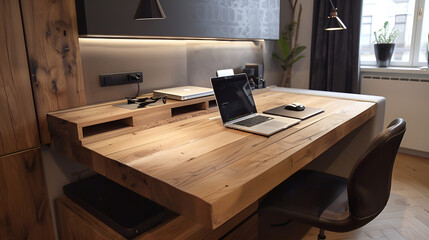A shot of a wooden desk in an empty office, on the desk is a computer, paperwork and a smart phone.
