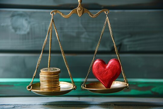 a gold scale with a red heart and a stack of coins