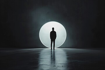 a man standing in front of a bright circle - Powered by Adobe