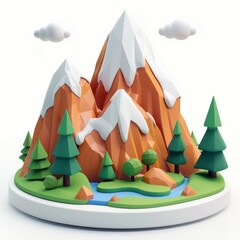 Mountain with ice peak, pine tree, and river 3D cartoon model. Generative AI technology.	
