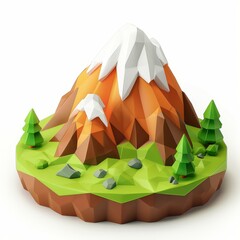 Mountain with ice peak and pine tree 3D cartoon model. Generative AI technology.	
