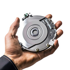 Contemporary computer hard drive in hand of IT-specialist isolated on a transparent background 
