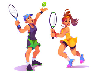 Tennis player girl and man vector illustration. People character in uniform with racket hit ball and running. Isolated school sport student set in training for competition. Fun game workout posture