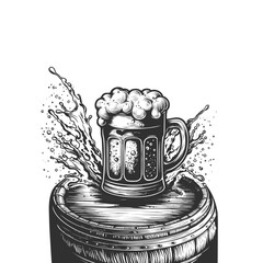 Mug of Beer with splash of beer foam. Hand drawn illustration for design menu restaurant, pub, bar, poster for the Festival, Oktoberfest, brewery, banner. Vector engraving sketch