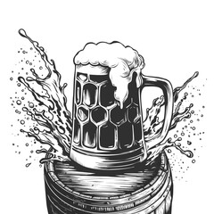 Beer mug with splash of foam on wooden barrel. Hand drawn ink sketch with frothy alcoholic drink for design menu pub, bars, poster for Oktoberfest, brewery. Vector engraving
