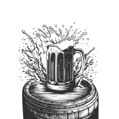 Hand drawn beer mug with foam splashing on wooden barrel. Engraving with ale pint with splash and drops. Vector sketch  for menu and packaging design, poster, card, octoberfest