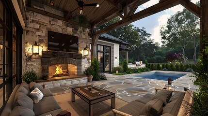 Home design that includes outdoor fire place and wood beam covered patio