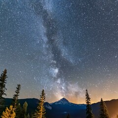 sunset in the mountains,A celestial spectacle unfolds overhead, as the night sky comes alive with a dazzling display of stars and constellations,