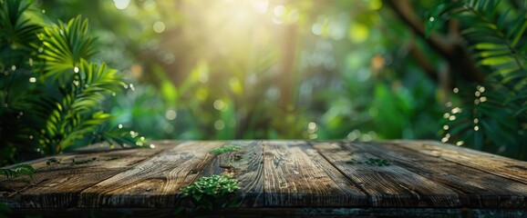 An Empty Rustic Wooden Table Top With Defocused Green Lush Foliage In The Background, Background HD For Designer 