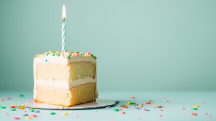 piece of birthday cake with a lit candle and a clean pastel green background, copy space on the right